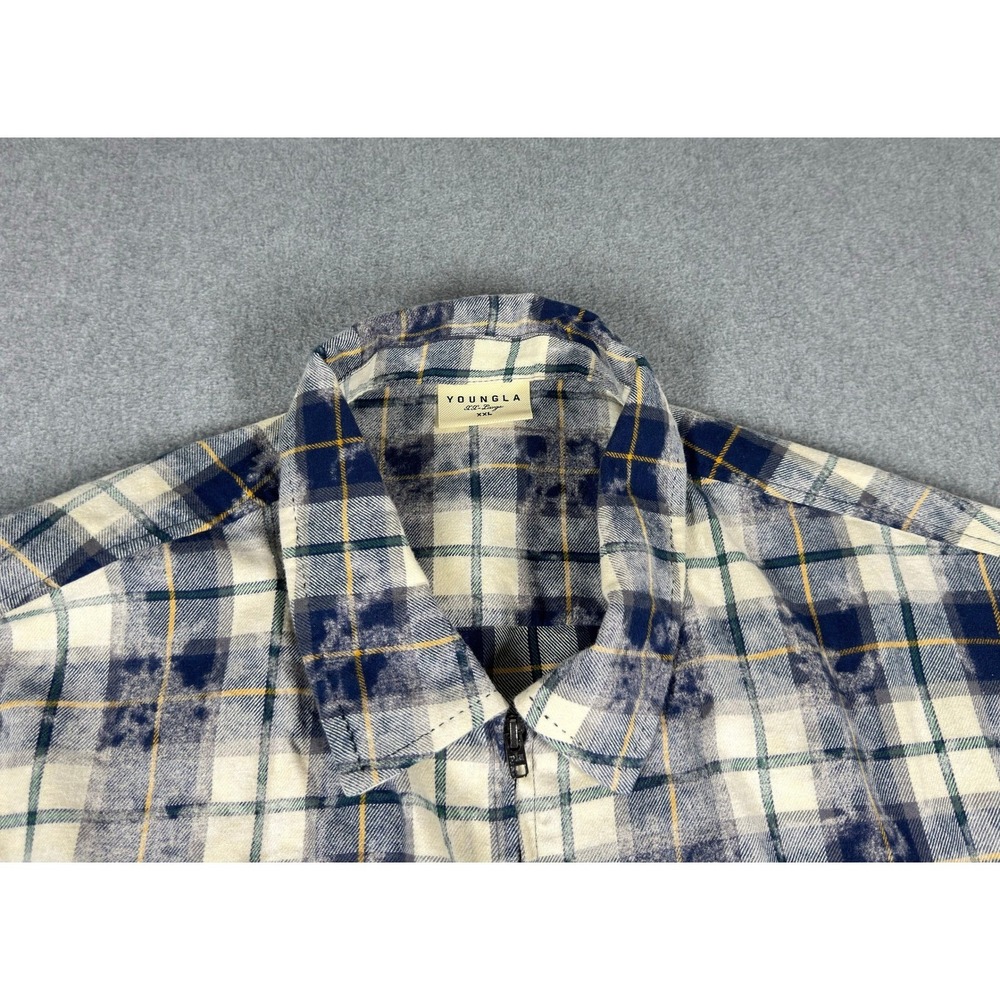 YoungLA 8081 Country Club Zip-Up Flannel Plaid Shirt Navy/Beige XXL Training Gym